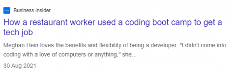 Headline from a news article about a restaurant worker landing a tech job after bootcamp