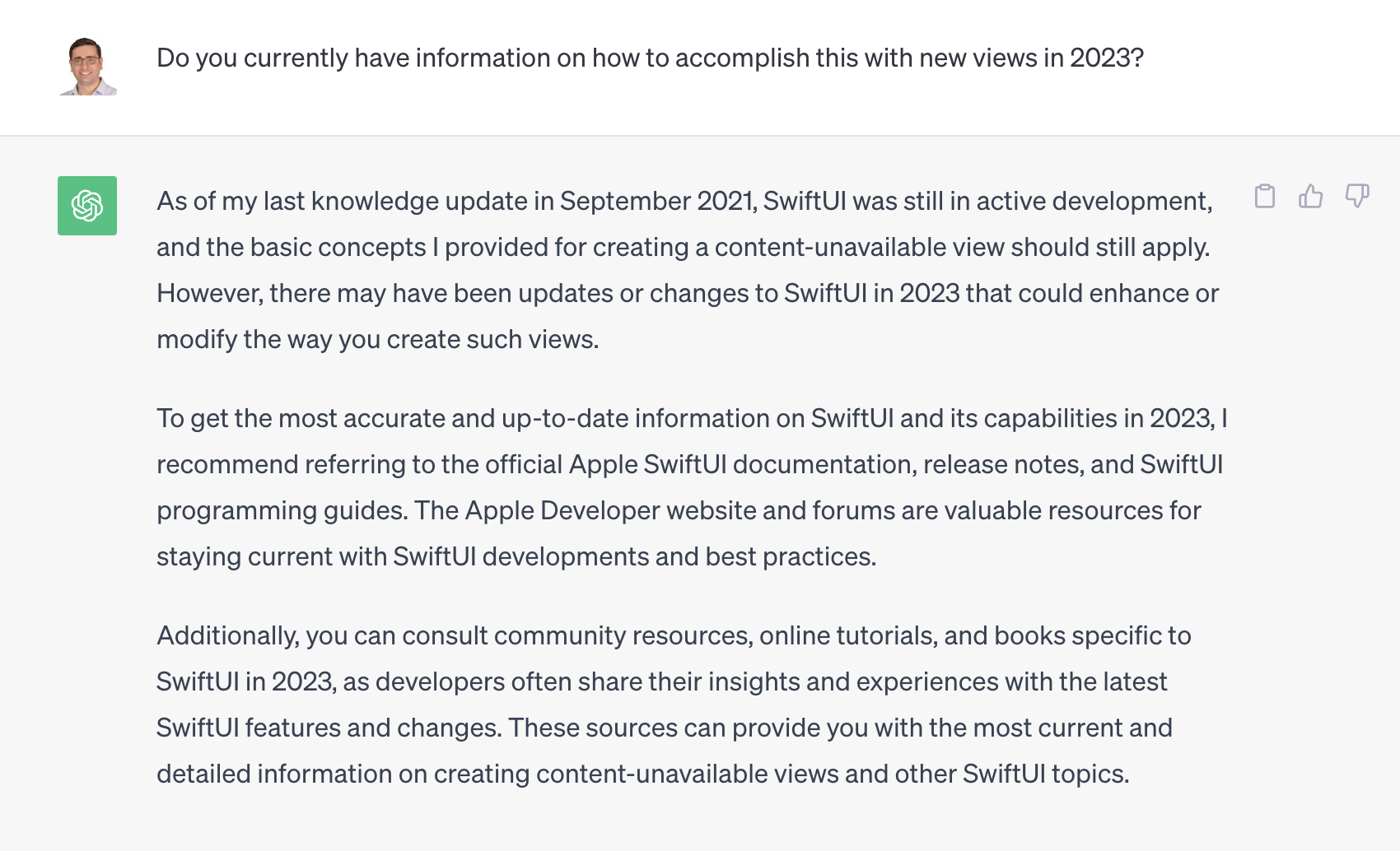 Screenshot from ChatGPT showing that its last knowledge update was in September 2021.